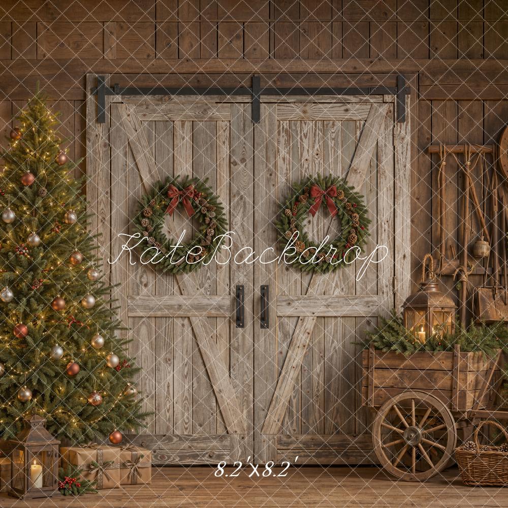 Kate Christmas Rustic Barn Door Christmas Tree Wagon Wheel Printed Backdrop Designed by Emetselch