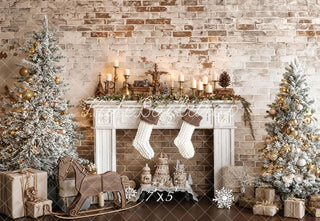 Kate Christmas Fireplace Frosted Trees Vintage Brick Wall Printed Backdrop Designed by Emetselch