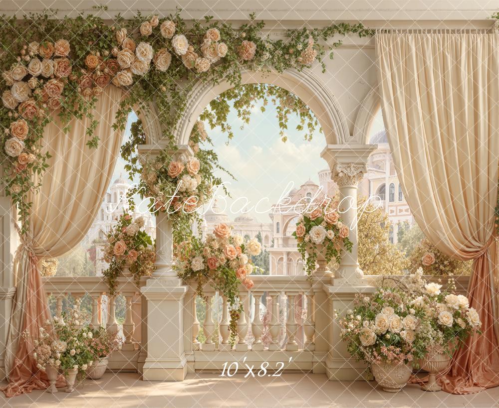 Kate Spring Flower Arch Cream Balcony Floral Drapes Printed Backdrop Designed by Emetselch