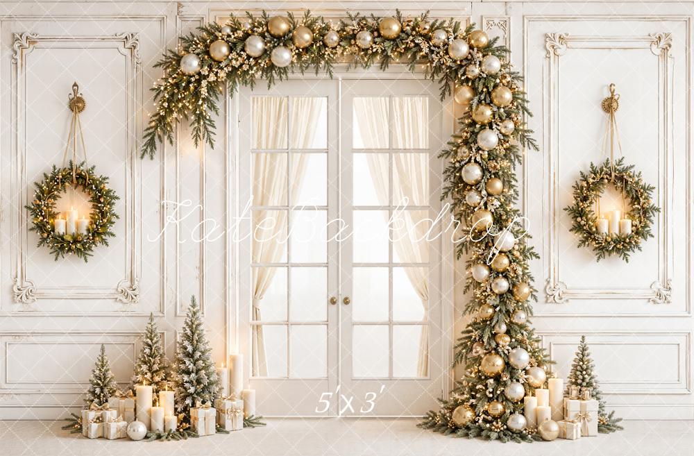 Kate Christmas White Gold Garland Wreaths French Doors Printed Backdrop Designed by Emetselch
