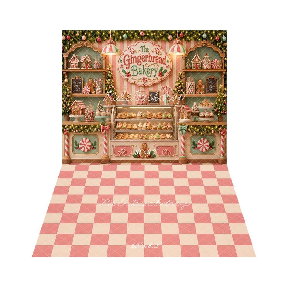 Kate Christmas Gingerbread Bakery Shop Candy Striped Wall Printed Backdrop+Pink Cream Checkerboard Floor Printed Backdrop