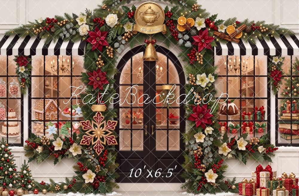 Kate Christmas Shop Front Garland Poinsettia Gifts Printed Backdrop Designed by Chain Photography