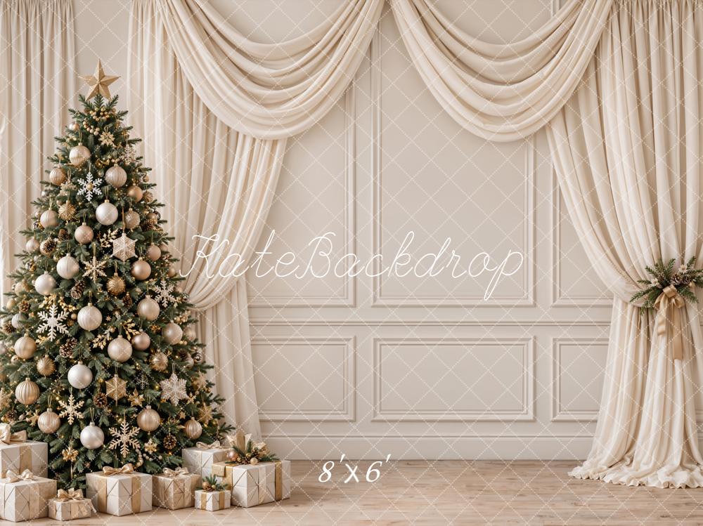 Kate Christmas Tree Gifts Draped Curtains Beige Vintage Wall Printed Backdrop Designed by Emetselch