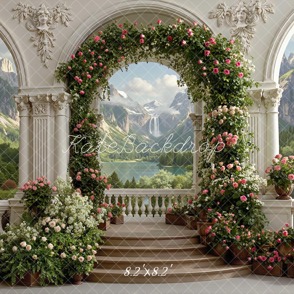 Kate Spring Flower Arch Columns Mountain Waterfall Garden Printed Backdrop Designed by Mini MakeBelieve