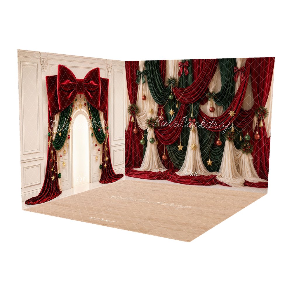 Kate Christmas Red Green Draped Curtains Ornaments Wreaths Printed Backdrop Room Set