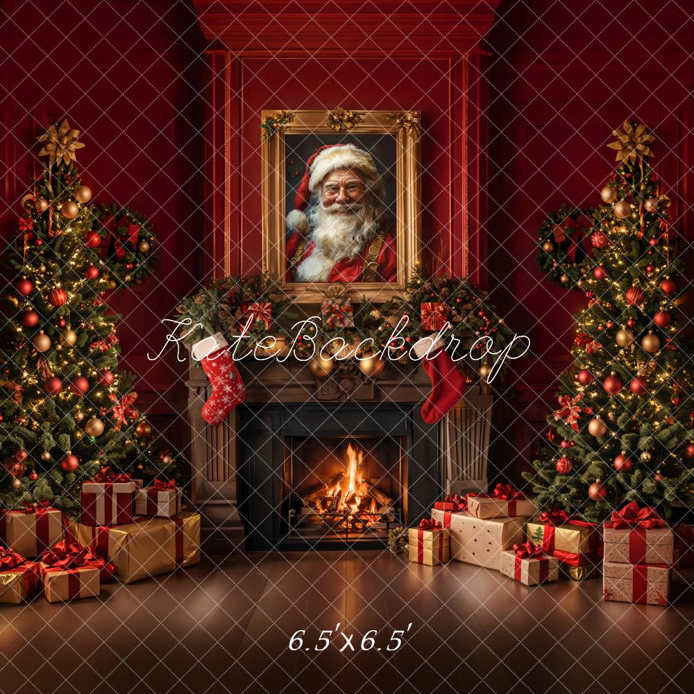 Kate Christmas Cocoa Retro Fireplace Red Wall Backdrop Designed by Emetselch