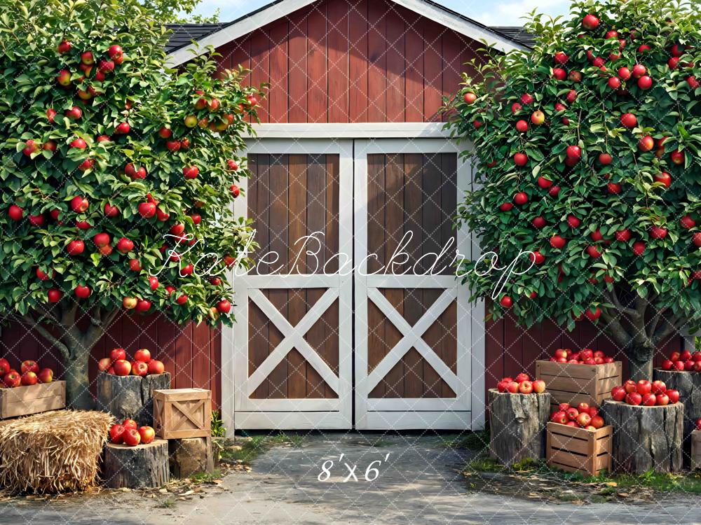 Kate Fall Red Barn Apple Trees Crates Hay Printed Backdrop Designed by Mini MakeBelieve