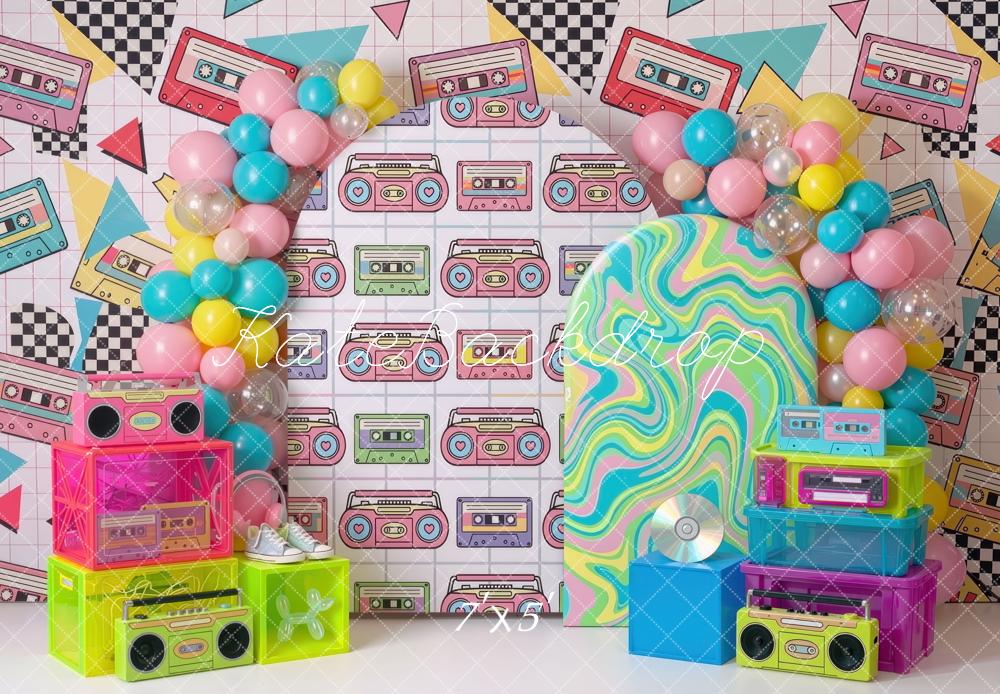 Kate Birthday 90s Retro Cassette Tape Boombox Neon Geometric Graffiti Printed Backdrop Designed by Mini MakeBelieve