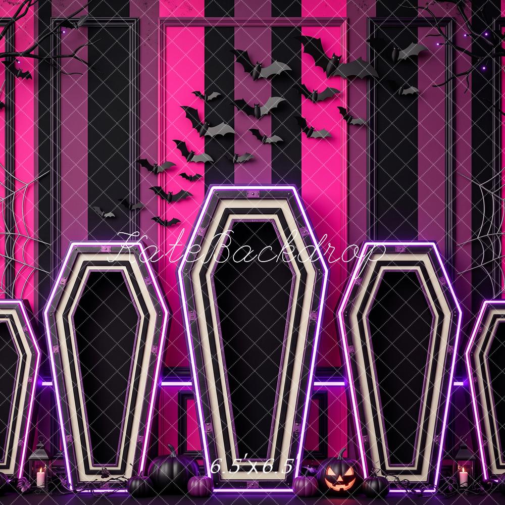 Kate Halloween Neon Coffins Bats Cobwebs Pink Black Printed Backdrop Designed by Patty Roberts