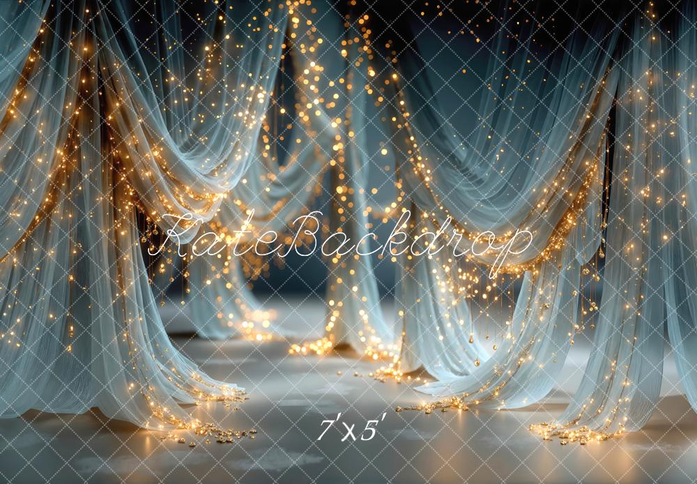 Kate Blue Drapes String Lights Printed Backdrop Designed by Mini MakeBelieve