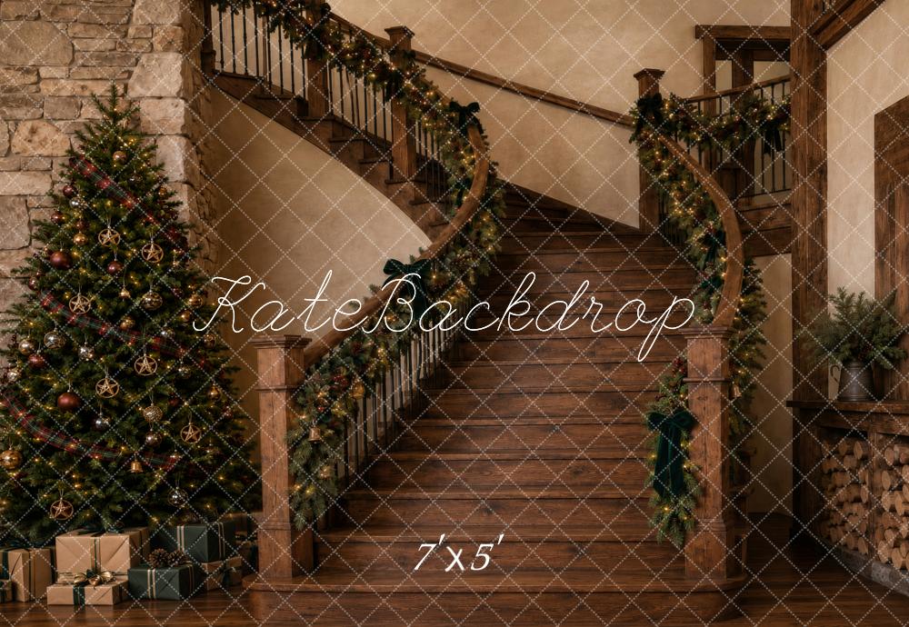 Kate Christmas Rustic Wood Staircase Garland Christmas Tree Printed Backdrop Designed by Vertigo Productions