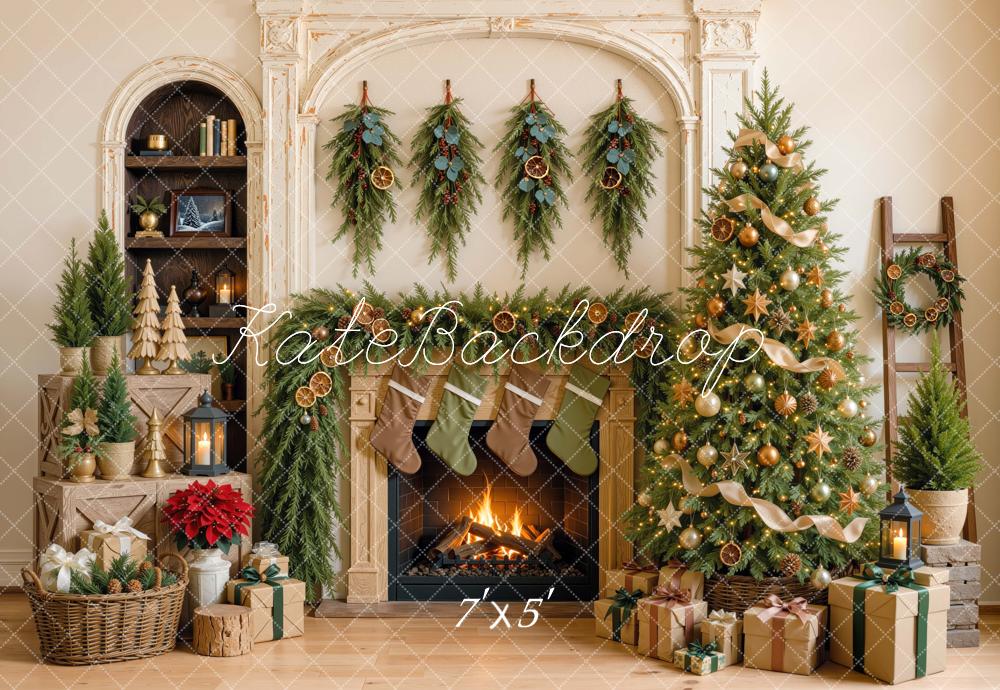 Kate Christmas Fireplace Tree Stockings Int Orange Peels Garland Printed Backdrop Designed by Mini MakeBelieve
