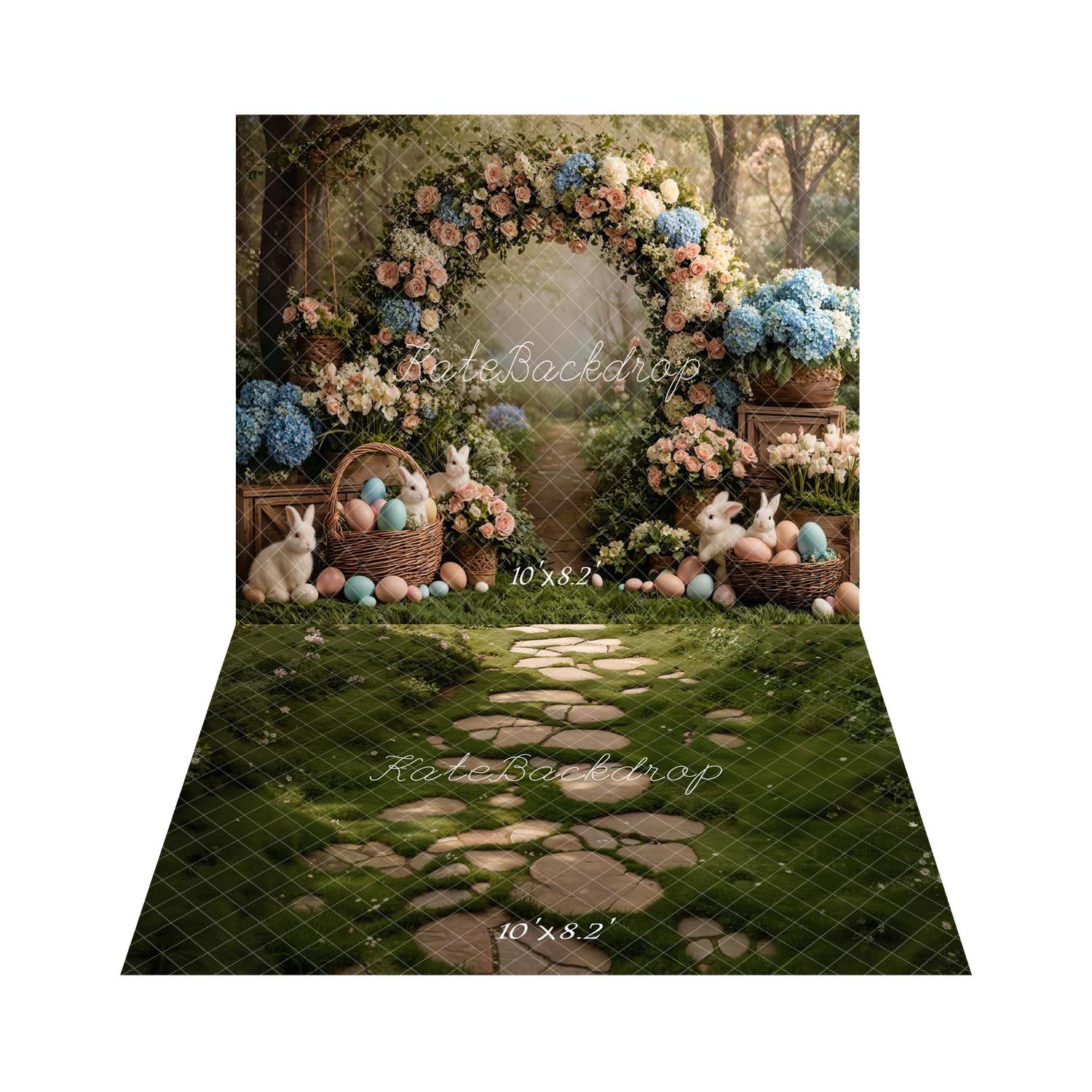 Kate Easter Bunny Flower Arch Pastel Eggs Forest Backdrop+Stone Pathway Mossy Green Garden Floor Backdrop