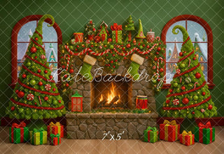 Kate Christmas Fireplace Stone Trees Gifts Garland Green Printed Backdrop Designed by Ashley Paul