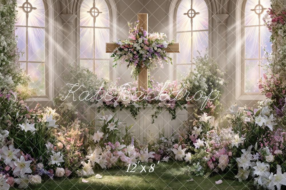 Kate Church Stage Cross Wedding Floral Window Printed Backdrop Designed by Angela Miller