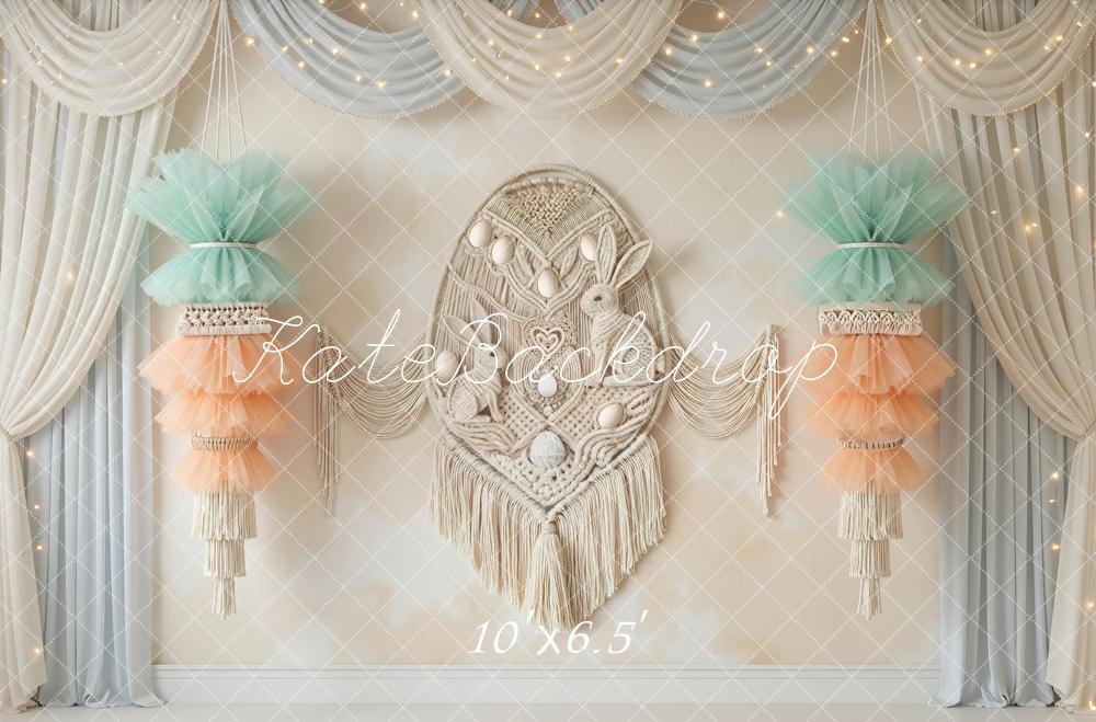 Kate Easter Bunny Macrame Pastel Tulle Drapes Printed Backdrop Designed by Mini MakeBelieve