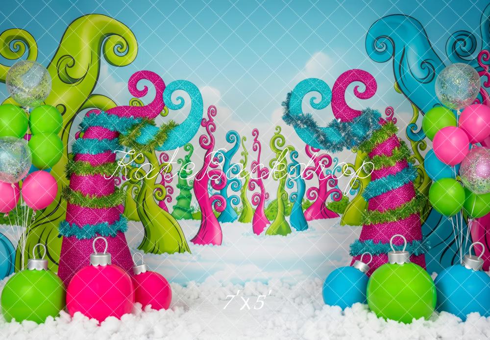 Kate Christmas Whimsical Trees Ornaments Snow Backdrop Designed by Patty Roberts