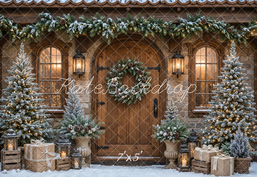 Kate Christmas Trees Rustic Cabin Wood Door Garland Snowy Printed Backdrop Designed by Emetselch