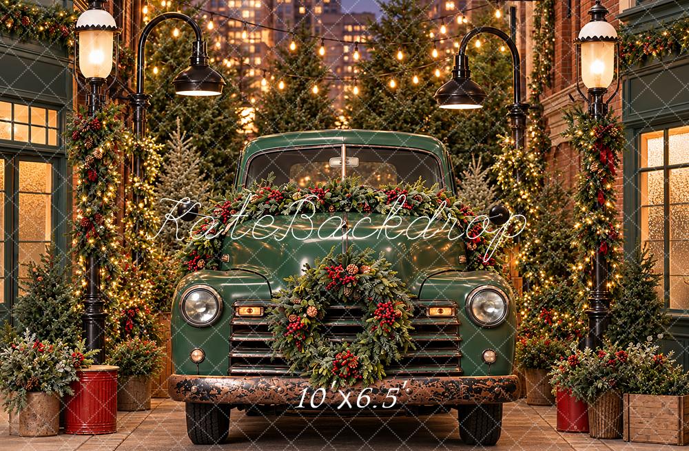 Kate Christmas Urban  Green Vintage Truck Downtown Wreath Printed Backdrop Designed by Angela Miller