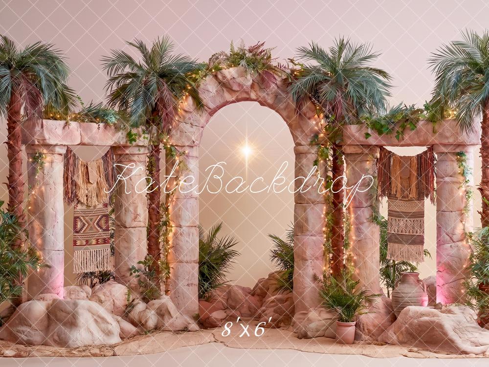 Kate VBS Stage Stone Arch Palms Star Pink Printed Backdrop Designed by Angela Miller