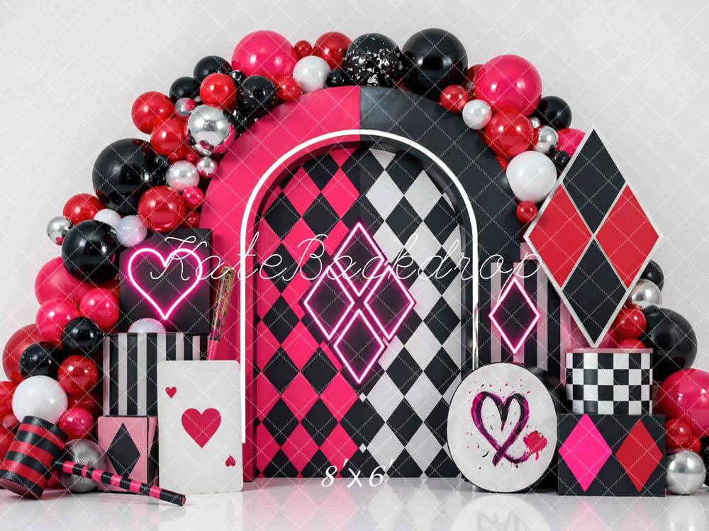 Kate Birthday Harlequin Diamonds Arch Balloons Pink Black Hearts Printed Backdrop Designed by Mini MakeBelieve