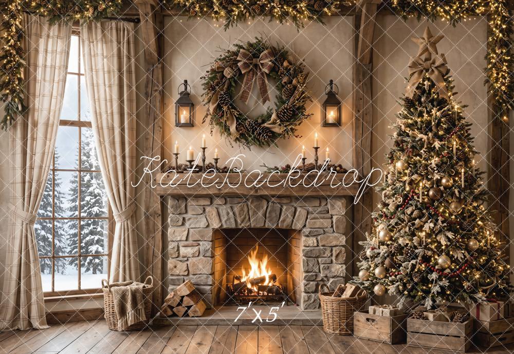 Kate Christmas Rustic Stone Fireplace Tree Window Printed Backdrop Designed by Emetselch
