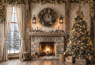 Kate Christmas Rustic Stone Fireplace Tree Window Printed Backdrop Designed by Emetselch