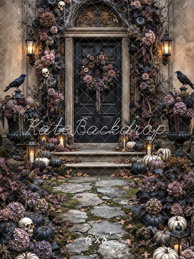 Kate Halloween Gothic Vintage Black Doorway Flower Arch Ravens Pumpkins Printed Backdrop Designed by Emetselch