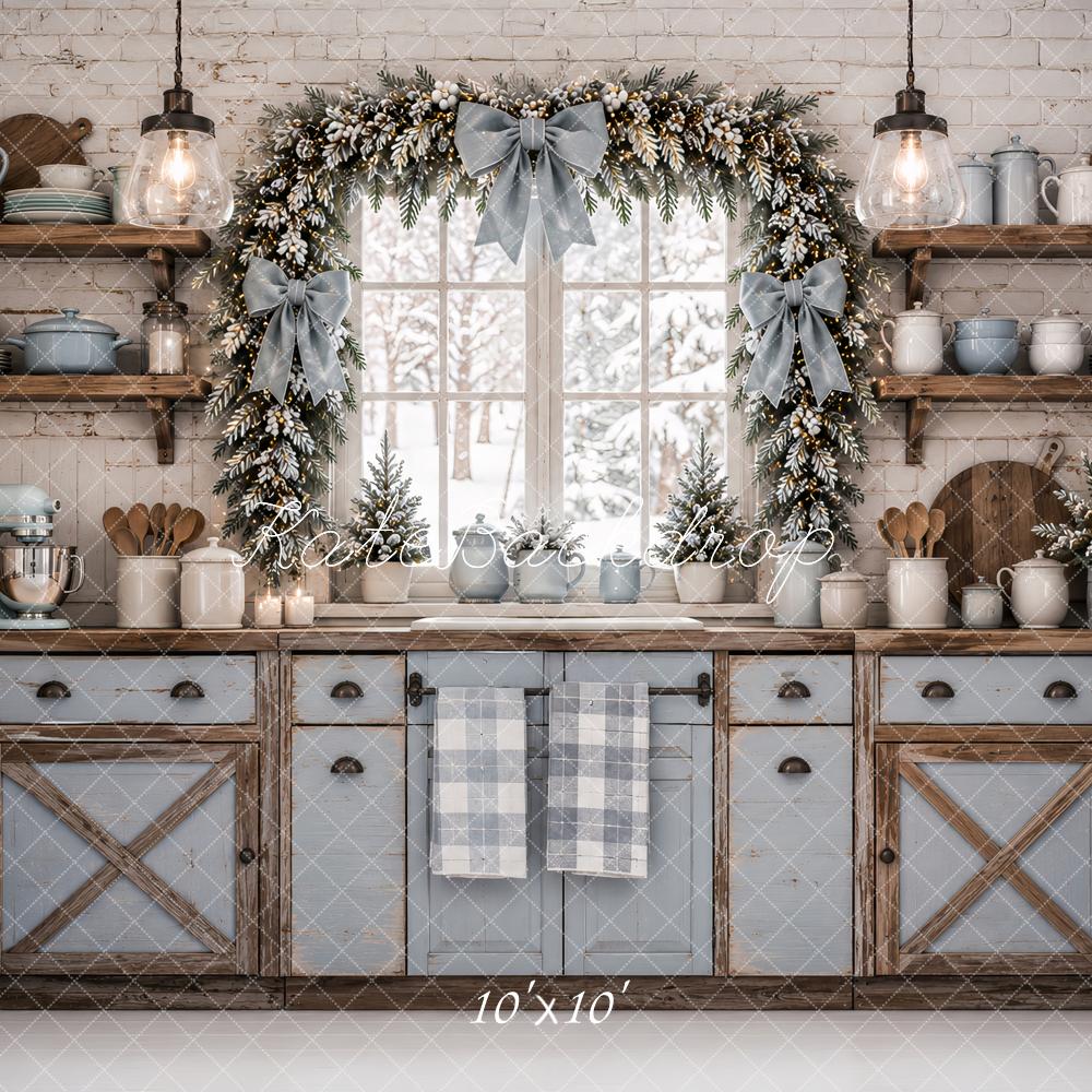 Kate Christmas Kitchen Blue Cabinet Garland Rustic Snow Printed Backdrop Designed by Ashley Paul