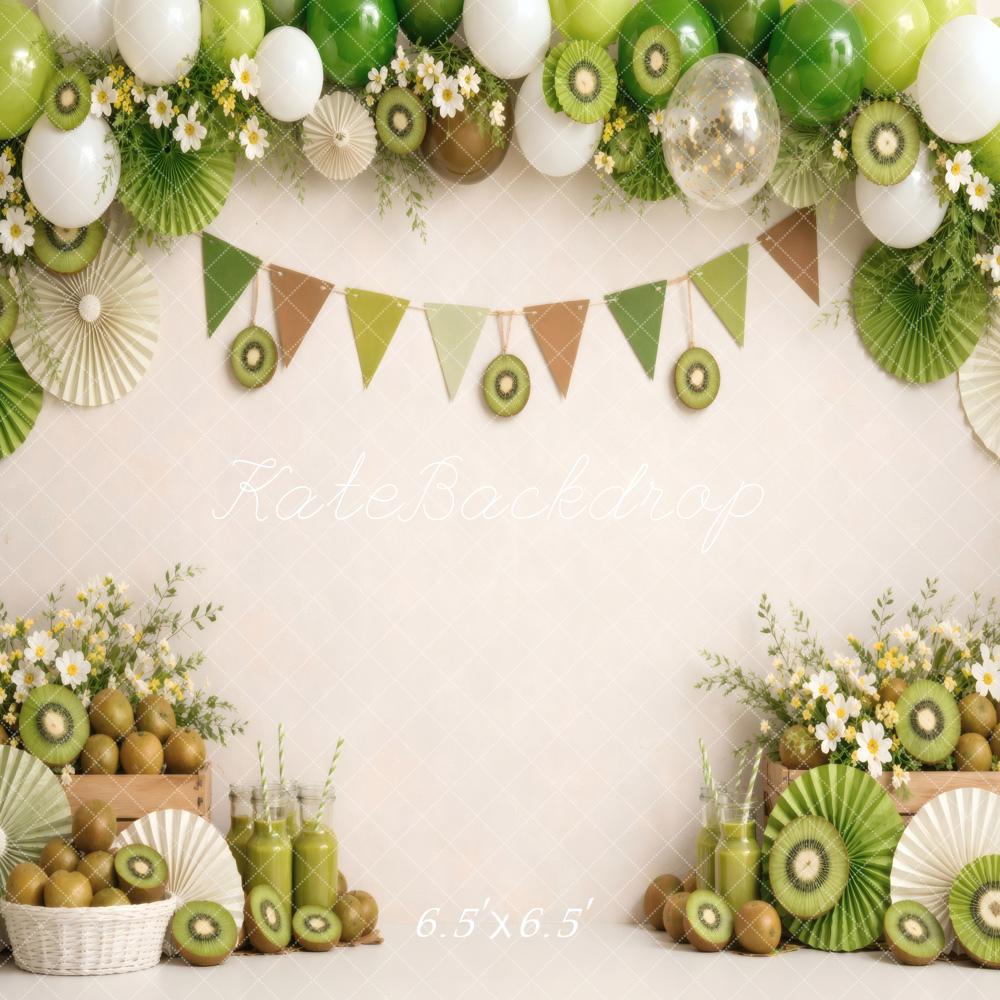 Kate Summer Party Fresh Kiwi Fruit Balloons Garland Green Flowers Printed Backdrop Designed by Vertigo Productions