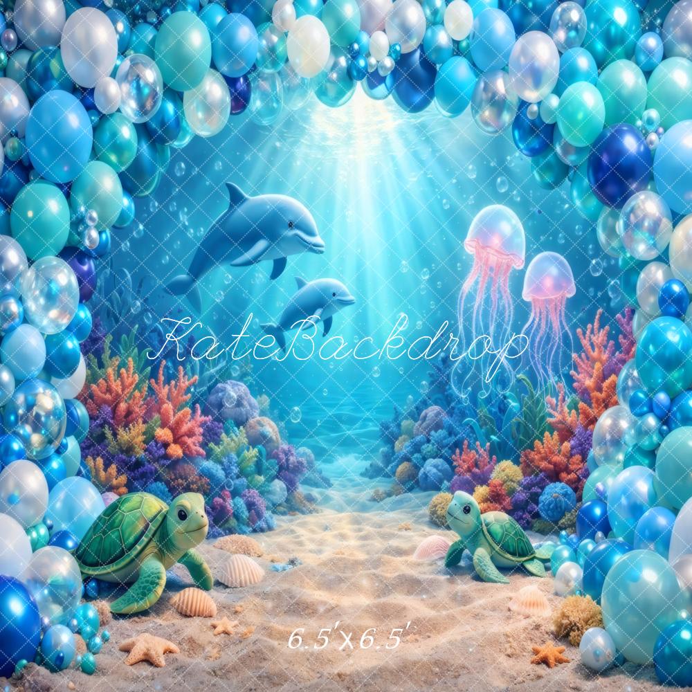 Kate Underwater Balloon Arch Turtles Dolphins Jellyfish Coral Printed Backdrop Designed by Vertigo Productions