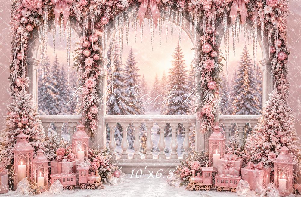 Kate Christmas Pink Flower Arch Terrace Snow Printed Backdrop Designed by Ashley Paul
