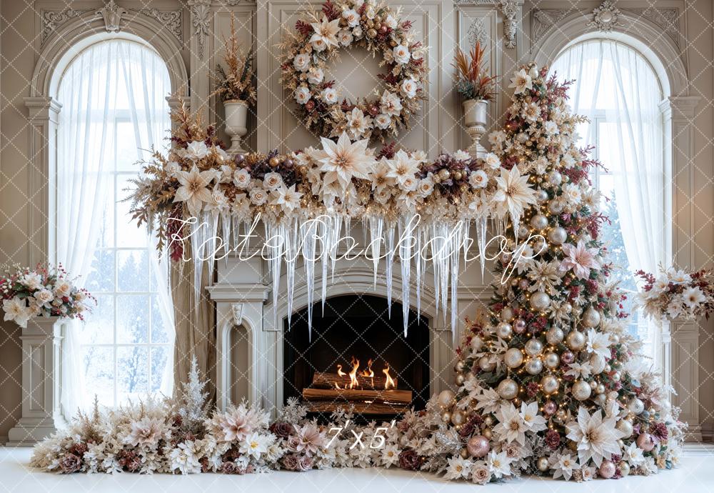 Kate Christmas Tree Poinsettia Frozen Fireplace Wreath Arch Printed Backdrop Designed by Mini MakeBelieve