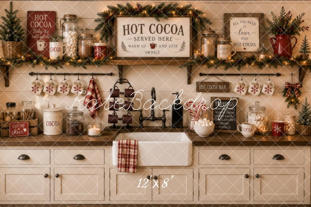 Kate Christmas Hot Cocoa Bar Rustic Kitchen Cabinet Printed Backdrop Designed by Megan Leigh Photography