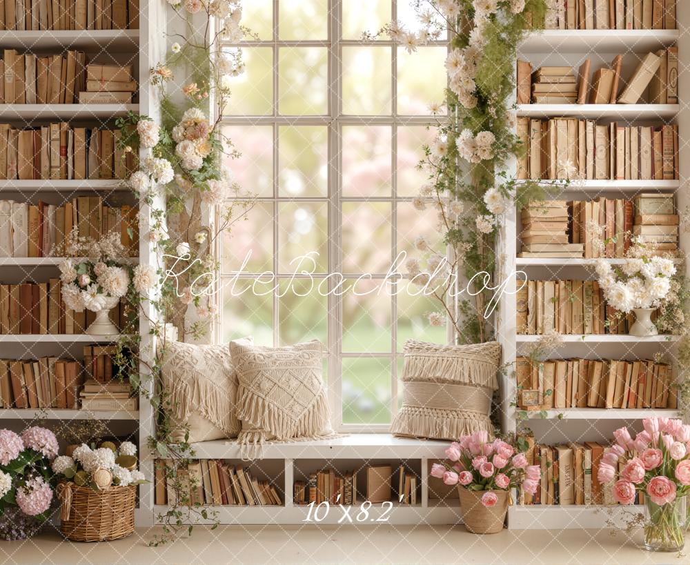 Kate Spring Bookshelf Window Seat Flowers Pillows Backdrop Designed by Emetselch