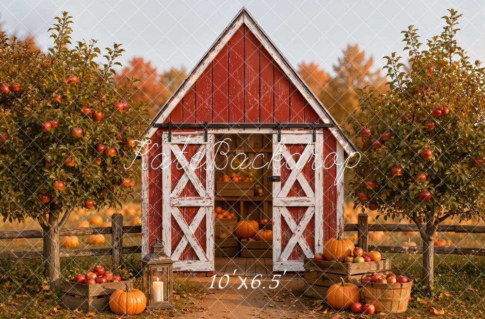Kate Fall Red Barn Pumpkins Apple Orchard Printed Backdrop Designed by Emetselch