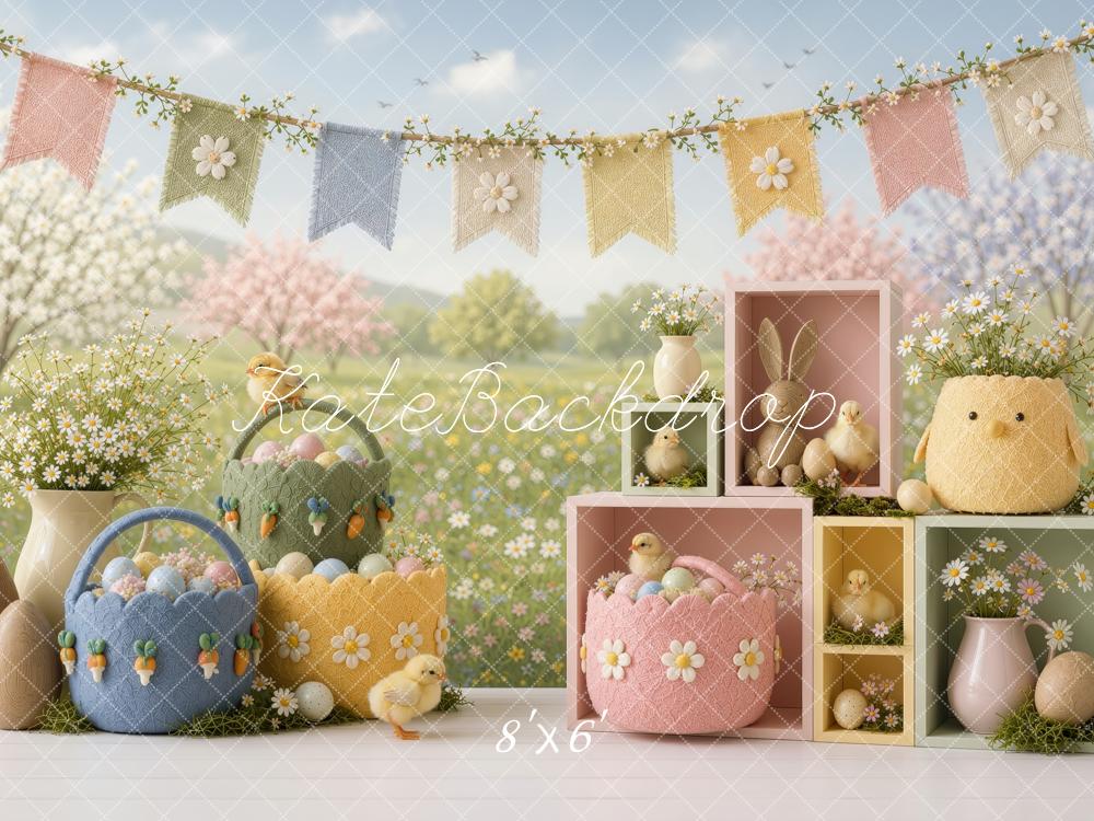 Kate Easter Cake Smash Garden Cute Chick Egg Baskets Wildflowers Printed Backdrop Designed by Ashley Ward