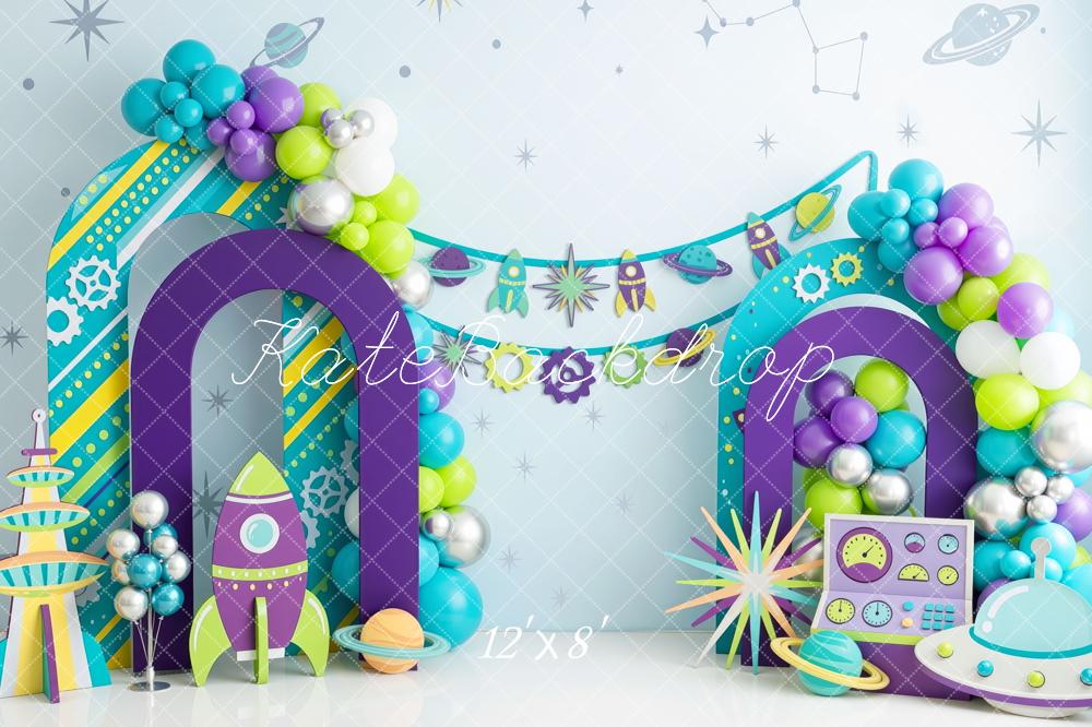 Kate Birthday Space Balloon Arch Rockets Purple Green Printed Backdrop Designed by Mini MakeBelieve