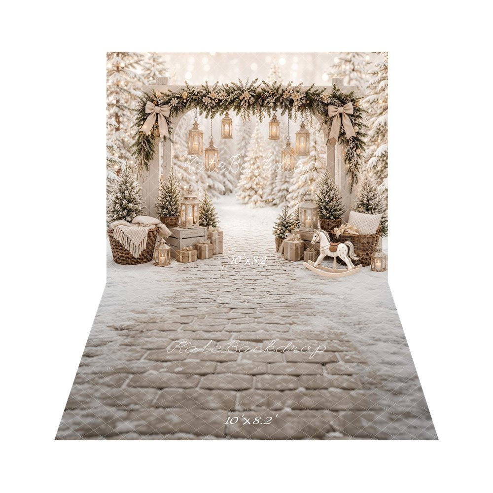 Kate Christmas Snowy Forest Arch Lanterns Garland Cozy Printed Backdrop+White Snow Brick Floor Printed Backdrop