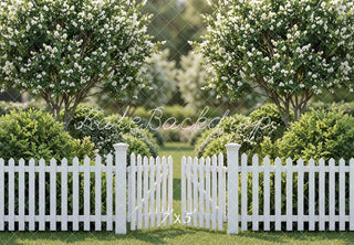 Kate Spring White Picket Fence Flowering Trees Garden Printed Backdrop Designed by Mini MakeBelieve