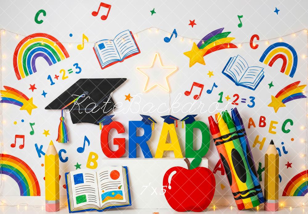 Kate Graduation Rainbow Books Crayons Music Notes Printed Backdrop Designed by Patty Roberts
