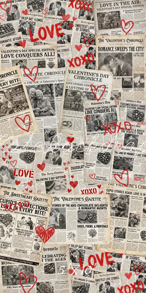 Kate Sweep Valentine's Day Newspaper Collage Red Hearts Backdrop Designed by Chain Photography
