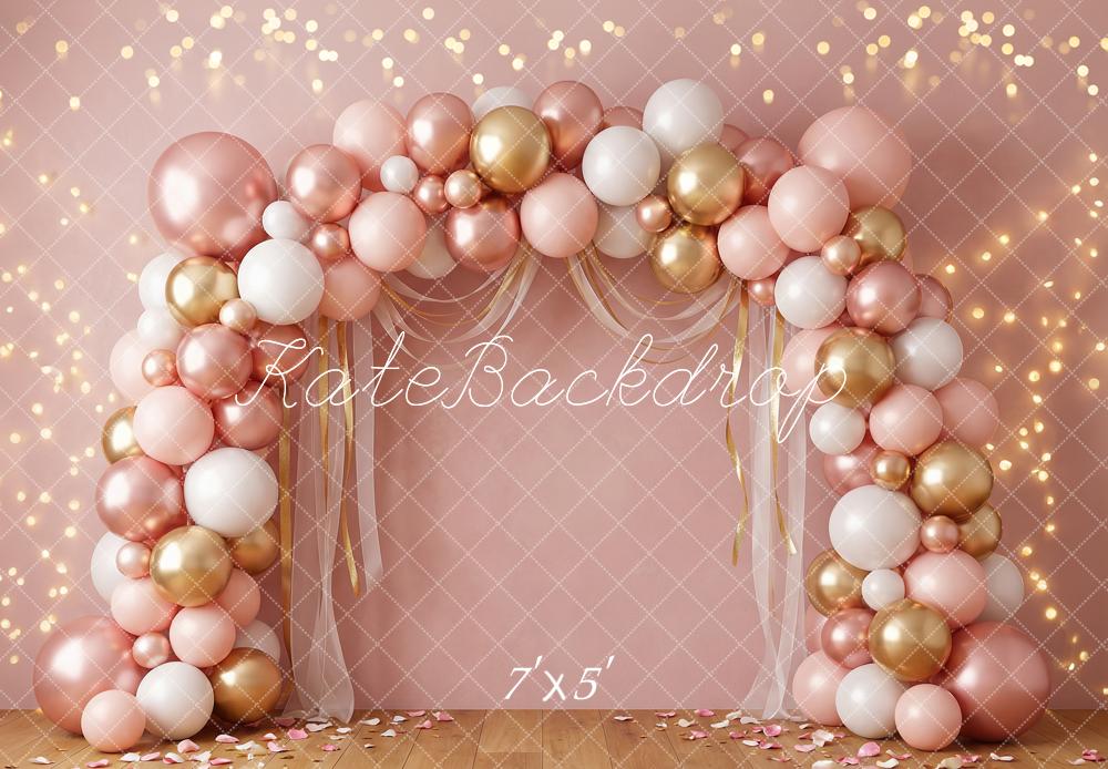 TEST Kate Birthday Balloon Arch Pink Gold White Bokeh Printed Backdrop Designed by Happy Squirrel Design