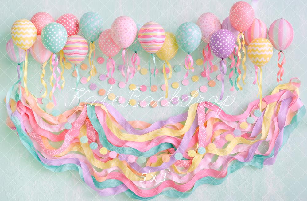 Kate Birthday Party Kids Pastel Balloons Streamers Printed Backdrop Designed by Angela Miller