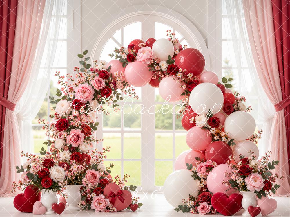 Kate Valentine's Day Floral Balloon Arch Window Curtains Roses Printed Backdrop Designed by Emetselch