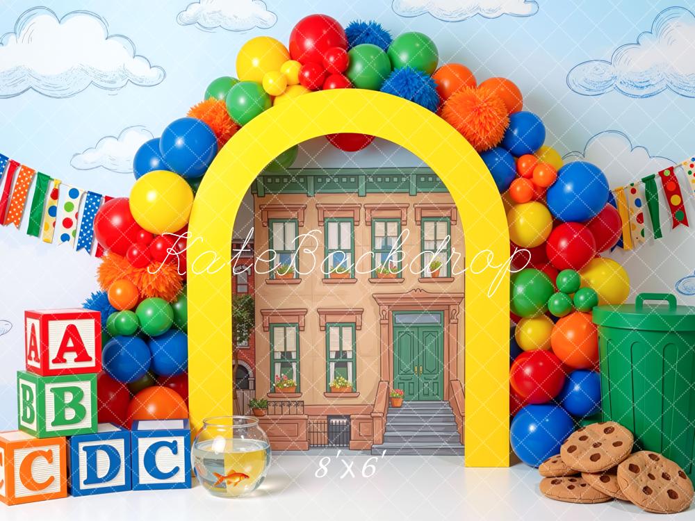 Kate Back to School Rainbow Balloon Arch ABC Blocks Printed Backdrop Designed by Mini MakeBelieve