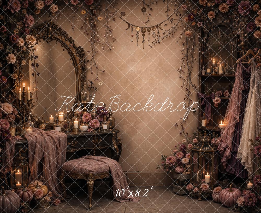 Kate Halloween Gothic Witches Dressing Room Mirror Floral Pumpkins Printed Backdrop Designed by Jordan Moon