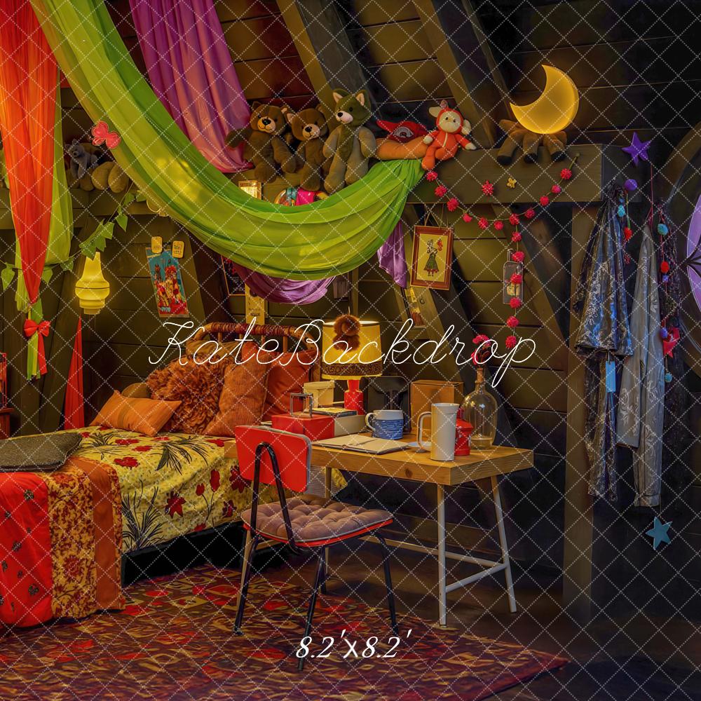 Kate Halloween Attic Kids Bedroom Teddy Bears Colorful Drapes Backdrop Designed by Mini MakeBelieve