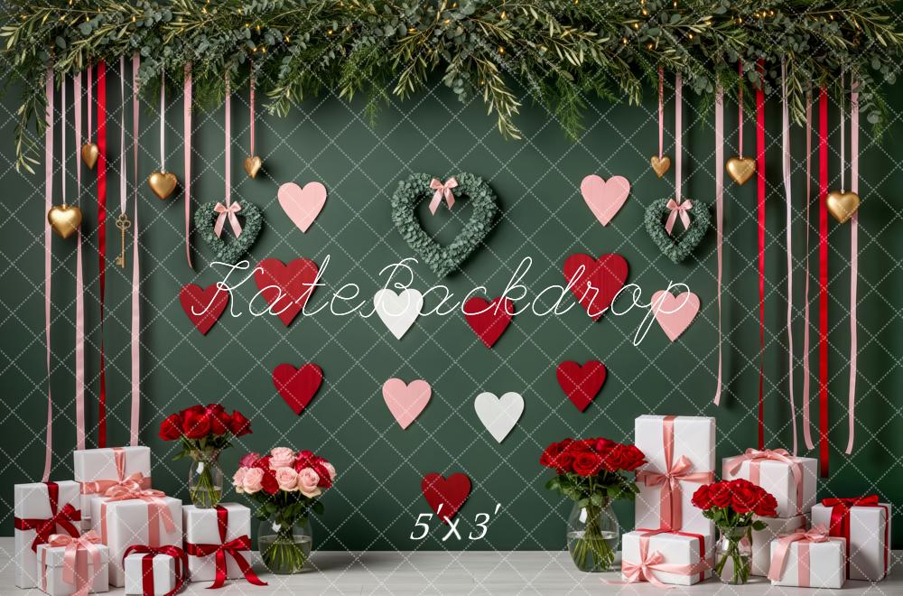 Kate Valentine's Day Green Wall Heart Wreaths Red Pink Hearts Ribbons Gifts Printed Backdrop Designed by Patty Roberts