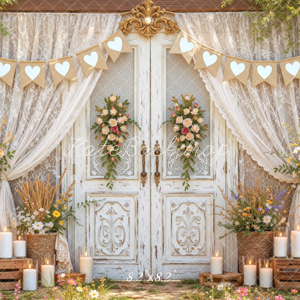 Kate Spring Vintage French Doors Floral Lace Hearts Printed Backdrop Designed by Mini MakeBelieve